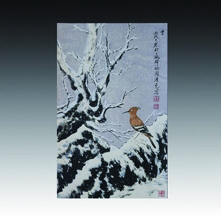 设色雪中小鸟立轴
