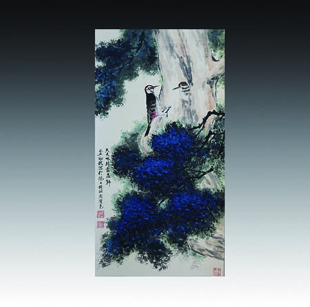 设色双鸟立轴