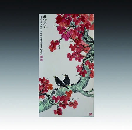 设色花鸟立轴