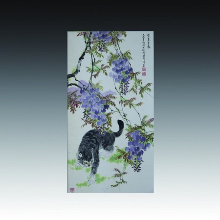 设色紫藤花猫立轴