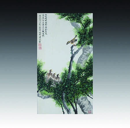 设色哺育图立轴