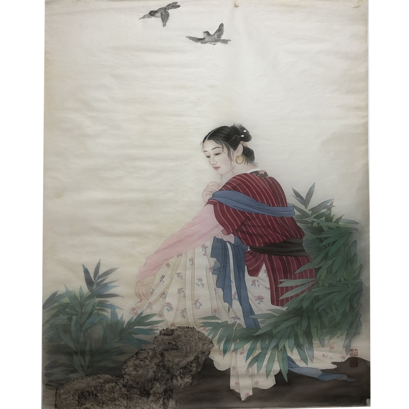 绢画《湖边少女》