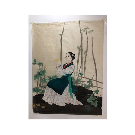 绢画《少女》赵国经 王美芳印章