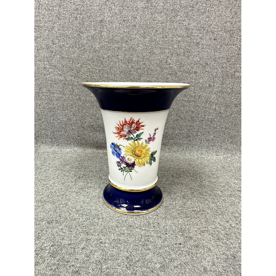 德国梅森手绘双面德国之花钴蓝描金花瓶 一级品