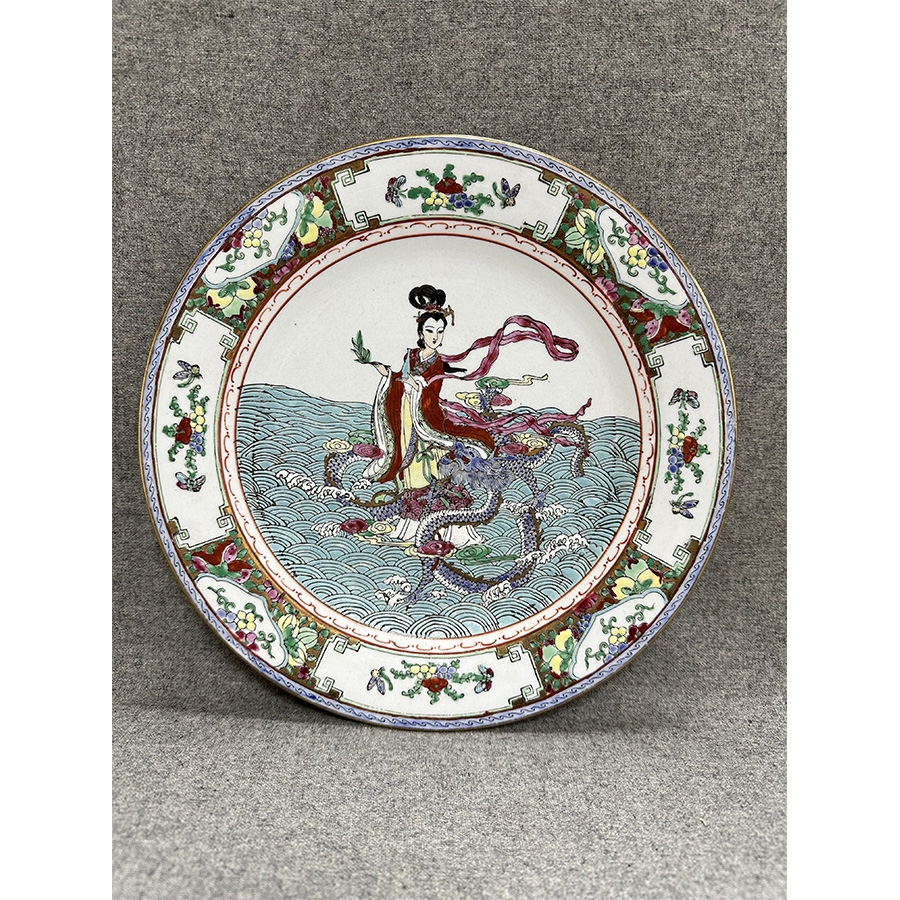 日本回流中国广彩手绘仙女飞天龙纹赏盘(直径:27cm)